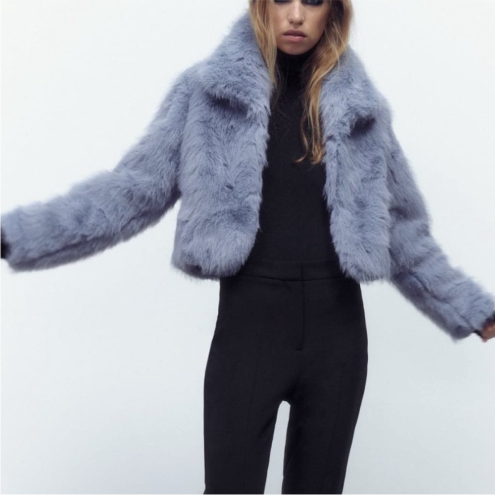 Zara Faux Fur Collared Crop Jacket in Light Blue XS-S - Picture 2 of 12